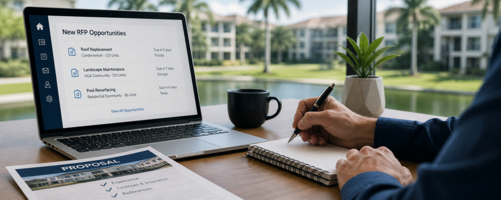 vendor reviewing HOA leads and RFP opportunities on laptop